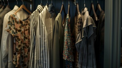 Naklejka premium A pristine closet scene featuring a row of perfectly hung garments on hangers