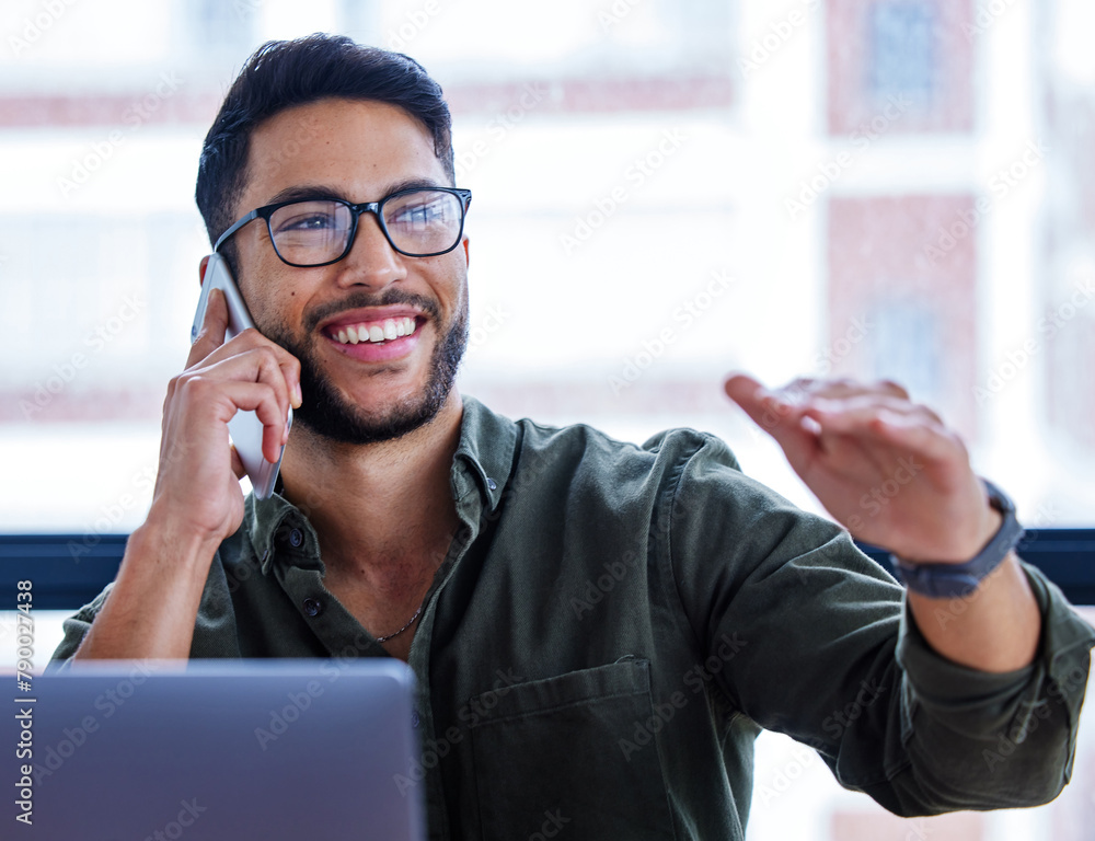 Poster happy, businessman and phone call in workplace for talking, planning and networking. financial advis