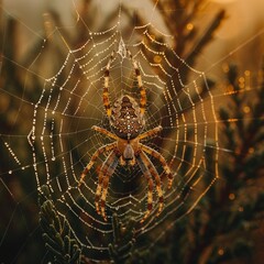 A detailed macro shot of a spider weaving its web in the early morning, showcasing the intricacy of natures designs