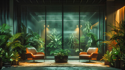 Modern Living Room with Green Plants and Stylish Furniture, Bright Interior with Tropical Touches