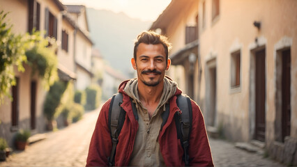 Portrait of tourist with backpack walking through rural village street at morning 