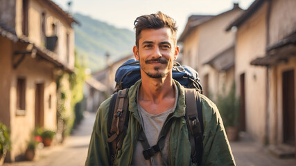 Portrait of tourist with backpack walking through rural village street