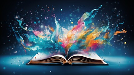 Abstract colorful illustration of a book exploding in blue colors on a black background