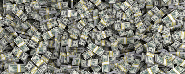 Money Pile of packs of hundred dollar bills stacks 3d render top view