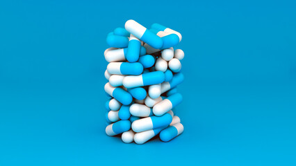A stack of antibiotic pill capsules on a blue background. 3D render illustration