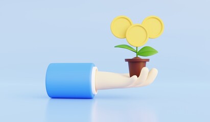 3D plant pot with gold coin flower in hand Money tree, symbol of successful business Reveal business income concept. 3d illustration