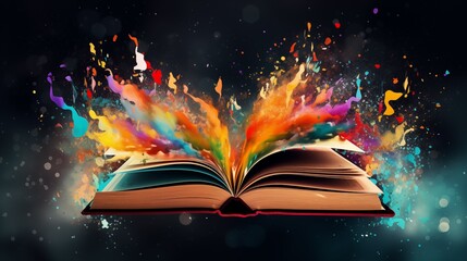 Abstract illustration of beautiful colors exploding out of a book on a black background