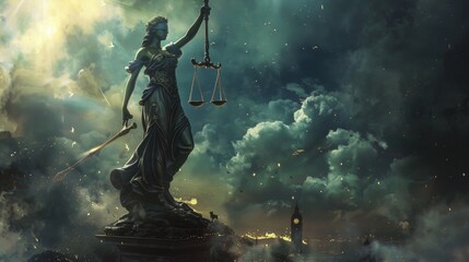 The iconic statue of Lady Justice, with scales and sword, set against a peaceful blue sky, symbolizes the ideals of the legal system.