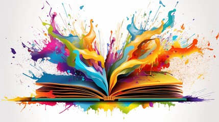 Abstract illustration of beautiful colors exploding out of a book on a white background