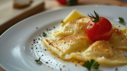 Plate of tasty cheese topped dumplings or vareniki presented on a white plate with a tomato blank...