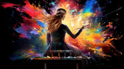 A Female artist painting a colorful black background