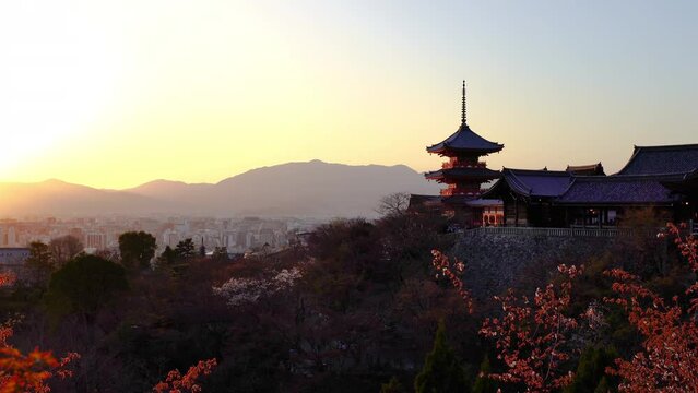 Kiyomizu temple at sunset in Kyoto, Japan.