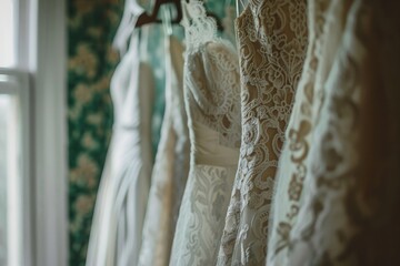 Collection of wedding dresses in the shop