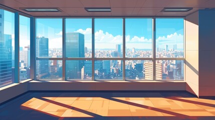 A vacant office space featuring expansive panoramic windows offering an urban cityscape view visible through the glass This modern open layout could serve as a studio apartment corridor or h