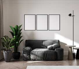 blank three frames mock up in modern living room interior with gray sofa, wooden furniture and palm tropical leaves, 3d rendering
