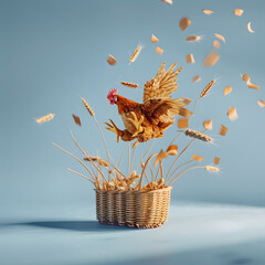 Advertise photo of Chicken in on wheat basket on studio shot with light blue background. - obrazy, fototapety, plakaty