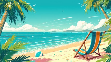 An idyllic summer beach scene awaits in this lively illustration featuring a beach chair nestled on the sandy shore swaying palm trees colorful flip flops and a playful beach ball Perfect fo