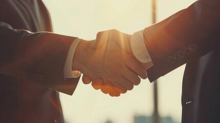 wo confident business man shaking hands during a meeting in the office, success, dealing, greeting and partner in sun light 