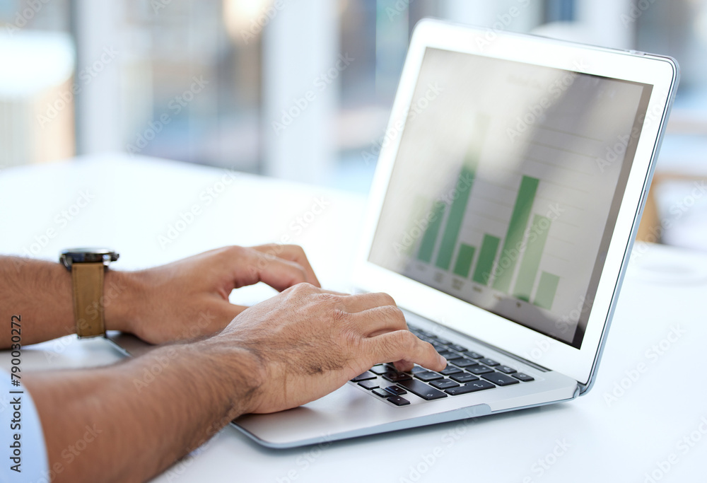 Poster Hands, laptop and typing with graphs on screen, enter data on spreadsheet and analyst for analytics and research. Business person with analysis, information and statistics for financial report