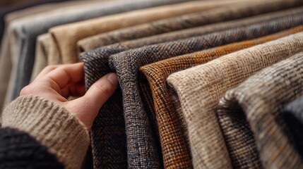 Close-Up Of a Hand Selecting Textured Wool Fabric Samples In Neutral Tones. Luxury and Elegance for Bespoke Clothing, Various Weaves And Materials, AI Generated