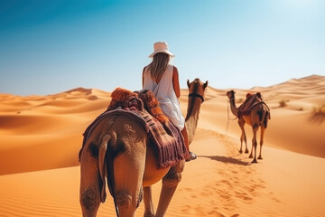 Fototapeta premium young woman having fun and enjoying with camel ride