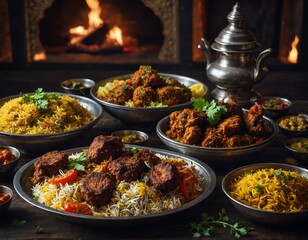 Traditional dishes like biryani and kebabs served on a table
