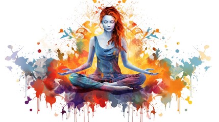 Abstract Colorful Illustration of a Woman Meditating on a White Background