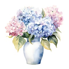 a Mixed color of Hydrangea flower in white porcelain vase, minimal style, whimsical watercolor, pastel, clipart, whitebackground