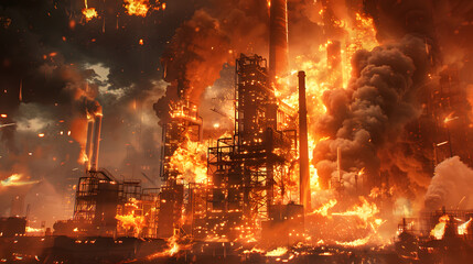 A gigantic food processing plant is engulfed in flames. with columns of smoke and fireballs ascending from the ground. The nocturnal sky above portrays vivid pyrotechnics in a production setting.  - obrazy, fototapety, plakaty