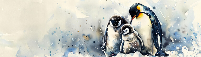 watercolor painting of Amidst a field of snow, a family of penguins, water color style