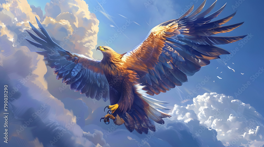 Poster a golden eagle with shimmering blue and white feathers soaring in the bright sky. surrounded by fluf