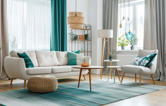 Modern interior of living room with teal and white color carpet, sofa, armchair, coffee table, window, curtains, pendant lamp, shelf, plants on the floor, home decor concept