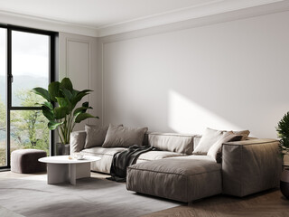 Bright and cozy modern living room interior sofa and plant with white wall.