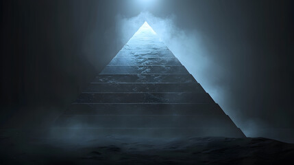 A grand pyramid with azure light emanating from it. on a black backdrop