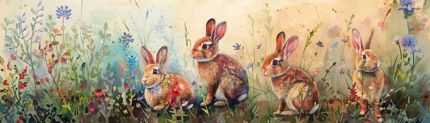 Fototapeta premium A watercolor painting of Amongst the tall grass, a family of rabbits gathers for a picnic, water color style