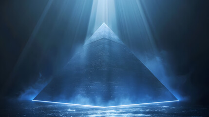 A grand pyramid with azure light emanating from it. on a black backdrop