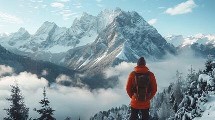 A man admires the beautiful scenery of winter mountains