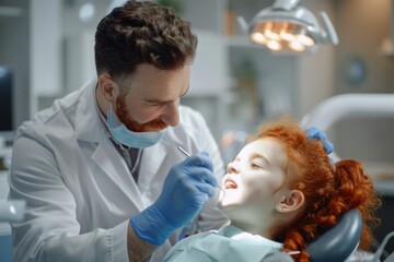 Dentist treating a young girl patient at the dentist's office.