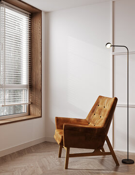 Brown armchair, wooden window and floor lamp in light interior, 3d rendering