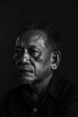 a realistic soft black and white studio portrait shoot of a 40 year old indonesian man against a black backdrop from the waist up 
