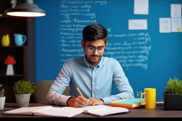 young indian student studying at home