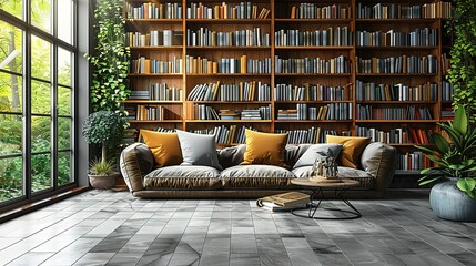 Home apartment living room, modern book cafe copy space for text