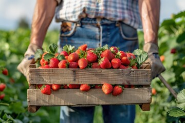 A farmer holds a box of ripe strawberries during the summer harvest. Summer symbol