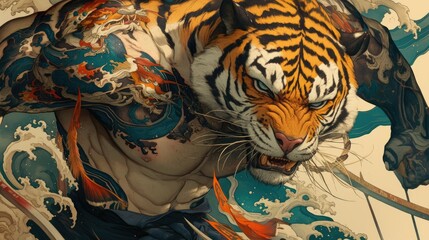 A striking Bengal tiger tattoo adorns his skin