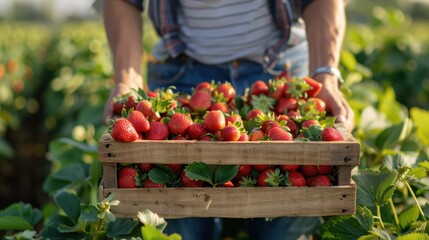 A farmer holds a box of ripe strawberries during the summer harvest. Summer symbol