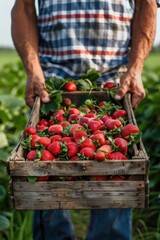 A farmer holds a box of ripe strawberries during the summer harvest. Summer symbol