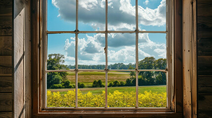Fototapeta premium farm window field, cloud on blue sky, field landscape 