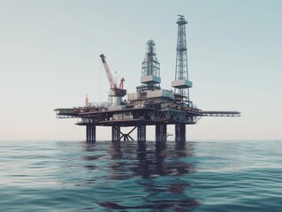 An offshore oil drilling platform stands in calm sea waters under a clear sky during early morning light.