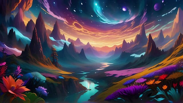 Colorful mountains landscape. High mountains and beautiful starry sky. Bright animation with image transformations and metamorphose. AI generated video