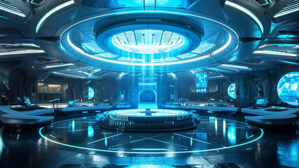 futuristic stage room, blue light, cyber technology